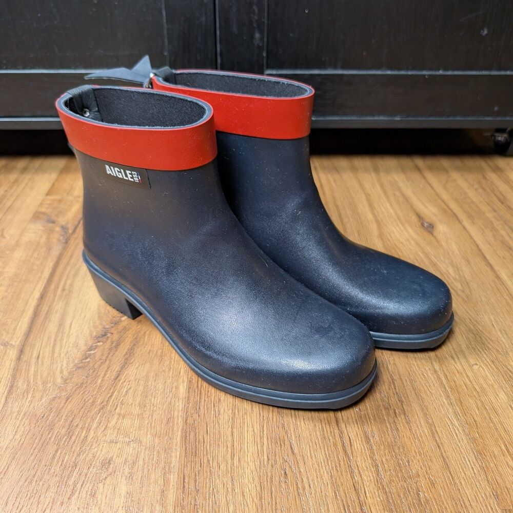 Aigle Myrica Ankle Rainboots SZ 39 Black Red Wellingtons Rubber France